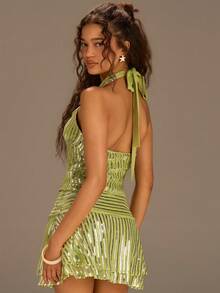 Athîral 女士休闲度假露肩吊带无袖串珠绿色半身裙套装，春夏款 - 綠色 - 查看 2