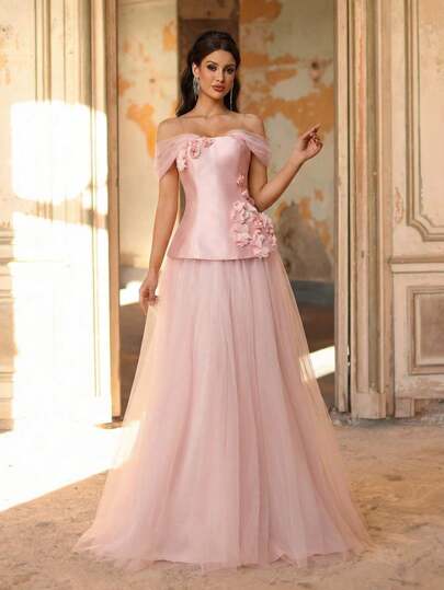 Aureia Elegant, Romantic, Fashionable, Dignified Pink Satin & Mesh Patchwork Handmade 3D Floral Oversized A-Line Formal Party Wedding Guest Dress, Pink Evening Gown