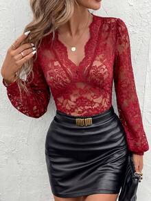 SHEIN Clasi 女士豹纹蕾丝V领长袖连体衣 - 紅色 - 查看 4