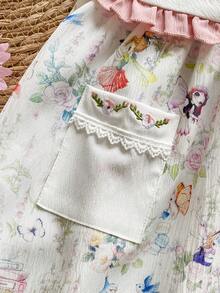 SHEIN Vintaside Kids 女宝宝夏季新款多色编织宽松简约可爱娃娃裙，正面饰有花草刺绣蕾丝边，后背设有小口袋，搭配开襟领，甜美可爱，休闲时尚，充满乡村森林气息，宛如一位小仙女公主。适合生日派对、户外野餐、拍照、学校学习等各种场合。 - 粉色 - 查看 8