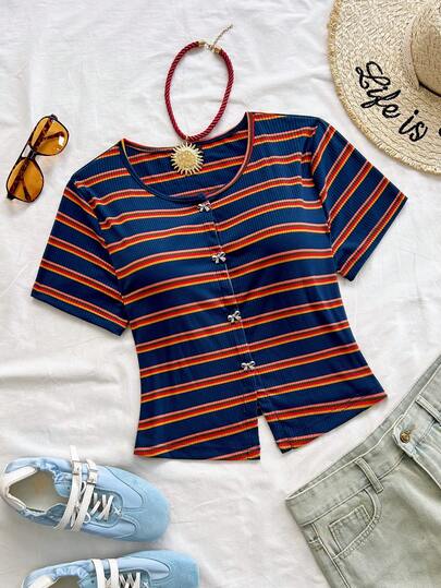 Soleia Women's Plus Size Classic Vacation Casual Striped Short Sleeve T-Shirt,Summer Outfits,Spring Clothing,Festival Outfits For Women ,Beach Outfit For Women,Holiday Outfits For Women ,