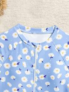 SHEIN 少女碎花荷叶边长袖连体泳衣，适合游泳、度假、夏季穿着 - 藍色 - 查看 3