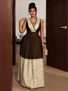 Maweii Plus Size Summer Elegant Colorblock Geometric Print Sleeveless Dress - Apricot - View 4