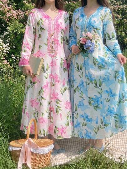 Tween Girl Floral Print V-Neck Elegant Long Sleeve Dress