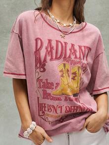 Bohemela Tricou de damă cu imprimeu de cizme cowboy, roz, tricotat, cu guler rotund, lejer, spălat, cu mânecă scurtă, stil boho casual, primăvară/vară - Roz - Vizualizare 5