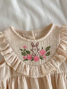 Loomiva Conjunto de vestido y sombrero con volantes y estampado floral crema para bebé niña, de verano - Beis - Ver 9