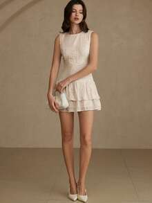 Aveloria Rosie New Arrival Round Neck French Romantic Embroidered Floral Layered Cake Hem Fitted A-Line Dress, Sweet And Elegant Style For Spring/Summer Dates And Parties, Sleeveless - Apricot - View 5