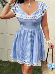 Sunnyshic Summer New Arrival Simple White Lace Patchwork Blue Striped Cinched Waist Dress - Blue - View 7