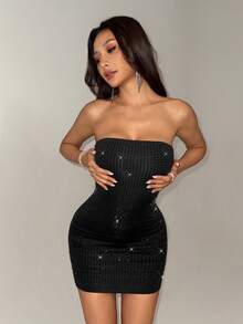 SHEIN PETITE 黑色优雅方形水晶返校礼服、大地色系生日礼服、粉彩色系无肩带迷你连衣裙 - 黑色 - 查看 4