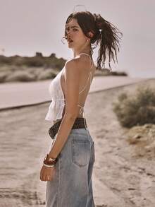 Easelle 波西米亚风褶皱蕾丝透视性感浪漫露背吊带上衣 - 白色 - 查看 6