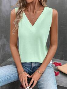 SHEIN LUNE Camiseta de tirantes de unicolor casual para mujer, versátil para el verano - Verde - Ver 5