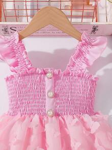 Glamorique Kids 女童纯色短袖花卉拼接优雅夏季连衣裙 - 粉色 - 查看 5