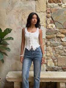 FavEase 休闲度假百搭蕾丝圆领开襟波西米亚风白色女式背心 - 白色 - 查看 7