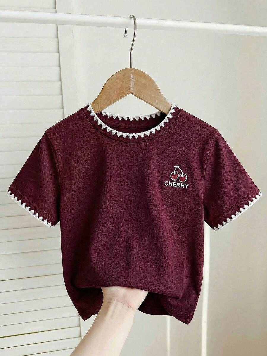 SHEIN 青少年女孩可愛3D蝴蝶結紅色T恤,休閒百搭適合任何場合,酒紅色上衣,深色沙灘風女孩上衣 - 酒紅色 - 查看 1