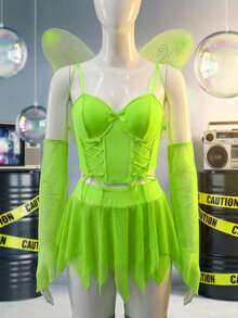 Women's Sexy Fairy Lace-Up Bra Top And Asymmetrical Net Skirt Long Sleeve Costume Set With Butterfly Wings - Green - View 6