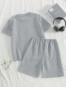 2pcs/Set Grey Round Neck Short Sleeve & Shorts Comfortable Loungewear For Teenage Boys - Grey - View 2