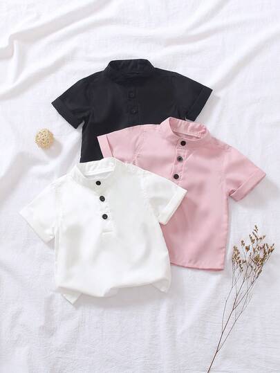 SHEIN Vintaside Kids 3pcs/Set Toddler Infant Baby Boys Clothes, Solid Color Minimalist Button Half-Open Collar Blue, White, Brown Woven Casual Soft Comfortable Short Sleeve Shirt Outfit Set, Suitable For Daily Wear, Travel, Party, Spring Or Summer