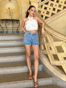 Marta Soriano Parte superior sin mangas y con escote halter con bordados, de estilo vintage, ideal para Navidad, Nochevieja, Acción de Gracias, fiestas elegantes, invierno, graduación, baile de graduación, eventos de lujo por la noche y playa en verano - Blanco - Ver 4