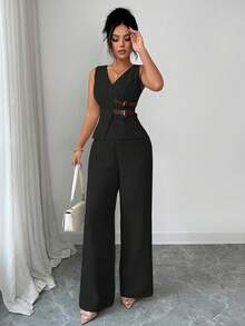 SHEIN Elenzya 女士优雅无袖腰带装饰西装外套和裤子套装，商务通勤风格，适合春夏、教师装、办公室穿着、返校、约会、度假、通勤等场合，百搭优雅复古春季套装 - 黑色 - 查看 4
