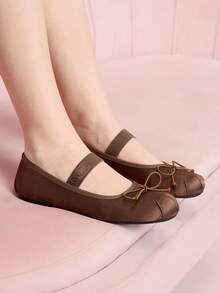 CUCCOO DOLLMOD Women's Mary Jane Style Flat Shoes, Brown Satin Fabric Bow Decoration - Coffee Brown - View 2