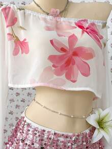 SuriyaCove Women's Vacation Beach Floral Print Cropped Top - Beige - View 3