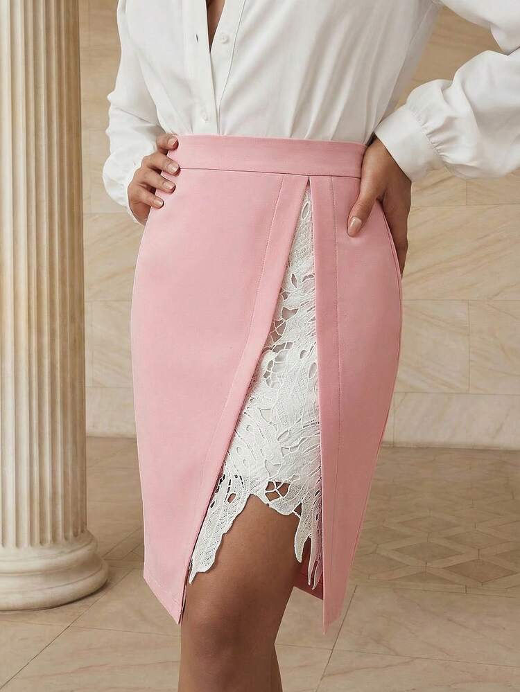 Women's Elegant Floral Applique Split Hem Skirt, Pink, Spring/Summer New Arrival