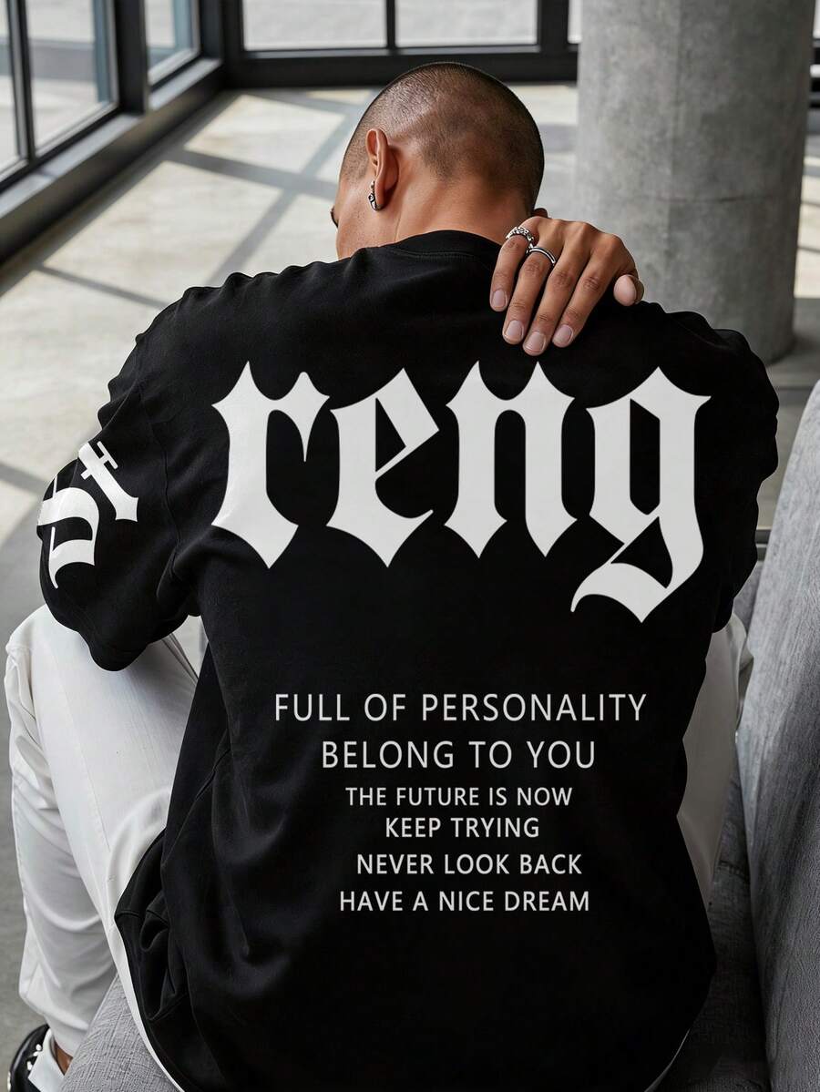 Manfinity LEGND Men's Printed T-Shirt, Fashionable For Everyday Wear Men's Slogan Drop Shoulder Tee - Black - View 1