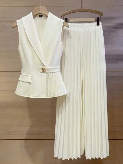 Elenzga Women's Elegant Romantic Minimalist Commuter Suit Set, Sleeveless Asymmetric Collar Cinched Waist Pleated Decor Button Blazer & Pants