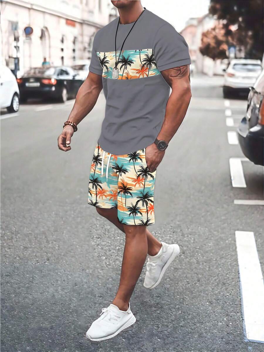 Genlund 热带椰树海滩印花男士圆领短袖T恤，男士美式海滩圆领T恤 - 彩色 - 查看 1