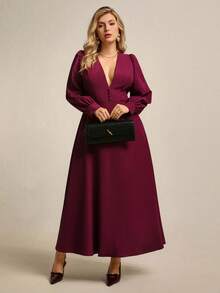 Juhart 加大码 V 领收腰复古 A 字连衣裙，教师节优雅休闲连衣裙，后系带设计 - 紫色 - 查看 4