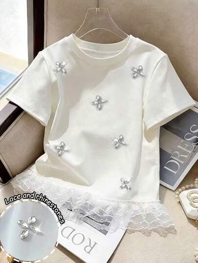 Resyla Camiseta casual de mujer con cuello redondo y manga corta, decorada con flores de diamante de imitación