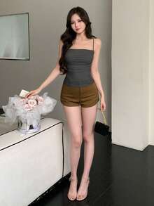 DAZY 女款純色百褶細肩帶背心，休閒性感夏季上衣，適合夜店外出的黑色款 - 灰色 - 查看 5