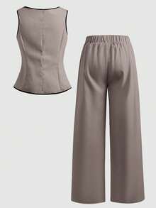 SHEIN Tween Girl Single-Breasted Vest, Shirt And Pants Casual Outfit - Khaki - View 2