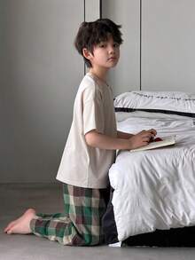 DAZY 男童纯色短袖上衣和格子裤睡衣套装（夏季款） - 綠色 - 查看 5