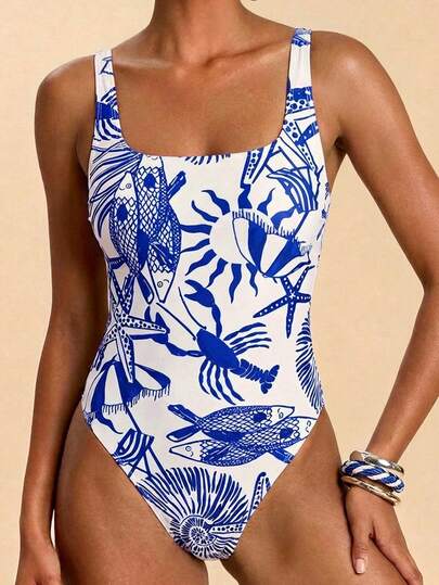 Travachic 1pc Women Abstract Line Star Print Allover Print Square Neck One-Piece Swimsuit, Suitable For Beach In Summer,Summer Outfits For Women,Swimsuits For Woman,Bathing Suits For Women,Beach,Beach Outfits For Women,Beach Set,Going Out,Vacation,Vacation Outfits Women,Holiday,Summer,Summer Clothes,Summer Outfits For Women,Party ,Going Out,Going Out Outfits,Casual,Elegant,Y2k,Flower,Blue,White