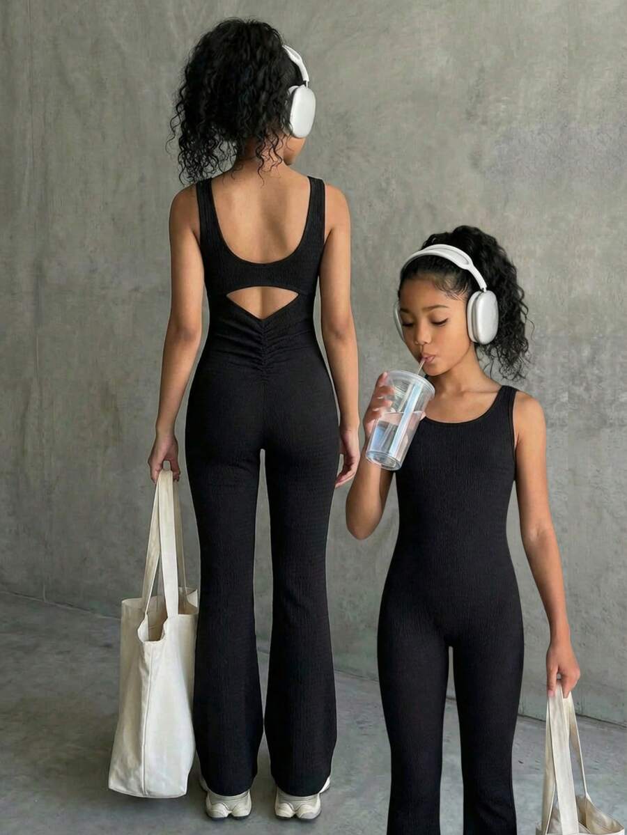 SHEIN Tween Girls' Summer Casual Solid Color Backless Sleeveless Jumpsuit Girl Gym Clothes Teen Girl Clothes Y2k Mother Daughter Matching Jumpsuit Jumpsuit Girls - Black - View 1