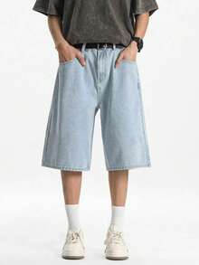 Manfinity Hypemode Quần short denim thường ngày rộng rãi màu xanh nhạt dành cho nam - Rửa nhẹ - Xem 6