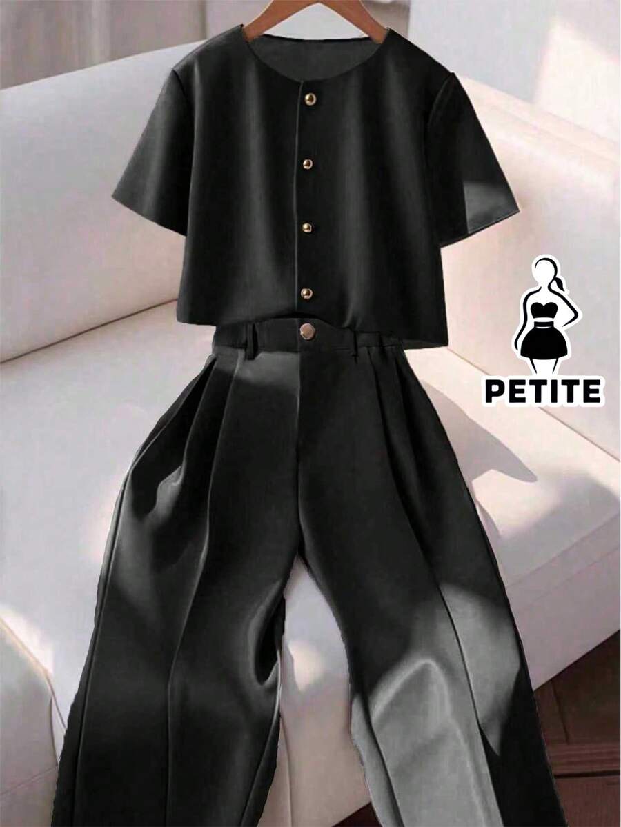 Franclia Petite 2 件套女士时尚优雅圆领短袖衬衫和休闲裤套装 - 黑色 - 查看 1