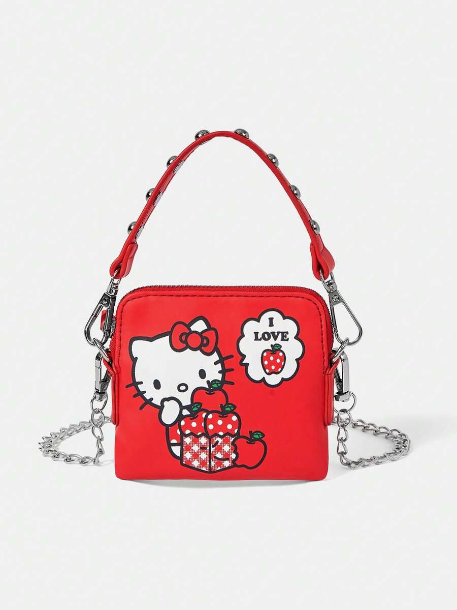 HELLO KITTY AND FRIENDS | SHEIN 1件女士时尚甜美可爱百搭街头红色图案印花铆钉小手提包/斜挎包，可用作小型挂包（可拆卸长链肩带） - 紅色1 - 查看 1