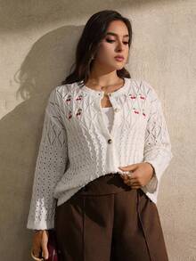 Juhart Áo len cardigan cổ tròn màu cherry trơn thường ngày cho nữ - trắng - Xem 4