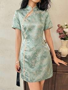 EastFlair Women's Jacquard Chinese Style Short Sleeve Elegant Mini Dress Chinese Style Dress Asian Dress Cheongsam Dress Chinese Outfit Women Qipao Dress - Green - View 5