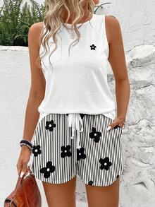 EMERY ROSE 大码夏季休闲碎花背心和条纹短裤两件套 - 彩色 - 查看 1