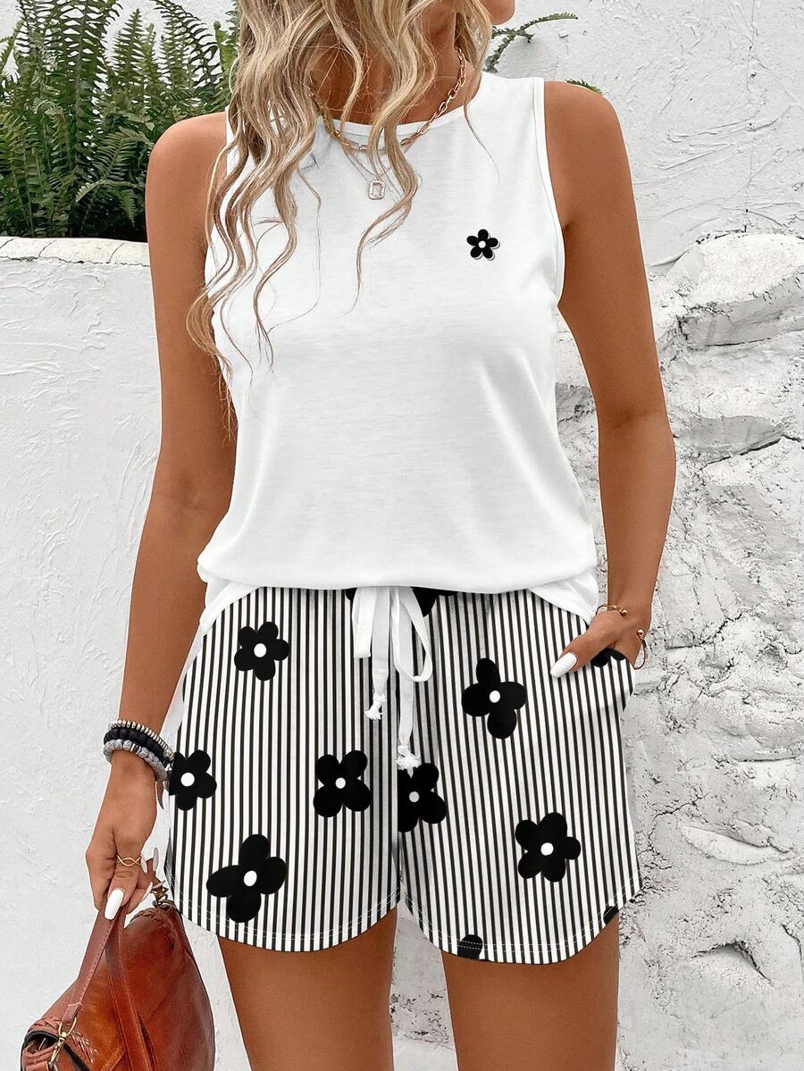 EMERY ROSE 大码夏季休闲碎花背心和条纹短裤两件套 - 彩色 - 查看 1