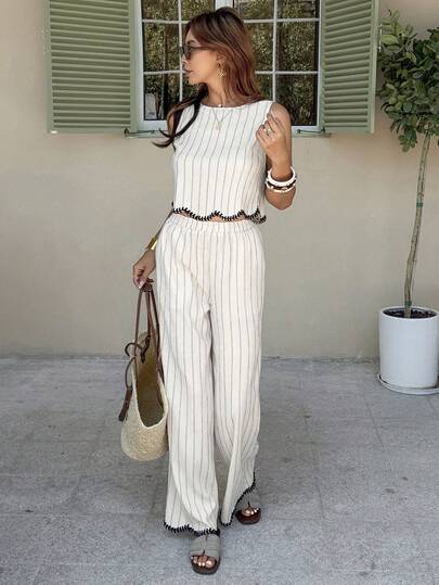 Serisse Women's Striped Crew Neck Top And Wide Leg Pants Casual 2 Pieces Set,French-Style Striped Sleeveless Top With Contrasting Trim + High-Waisted Wide-Leg Pants Two-Piece Set,Lace Wave-Shaped Color-Blocked Trim DesignSimple Commuter Casual Suit, Striped Two Piece Set, 2 Piece Casual Sets Woman, Pants Sets Two Piece, Summer 2 Piece Sets Woman, Linen Two Piece Set, Casual Two Piece Set, Beach Vacation Outfits Woman 2 Piece, Cruise Outfit For Women Sets,Casual And Stylish Summer Two-Piece Set, Beach Outfits,Coords For Women Casual Classy, Beach Vacation Outfits For Women,Holiday Outfits For Women