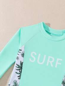 SHEIN Toddler Boys' Tropical Holiday Style Print 2-Piece Set,Short Sleeve Top+Shorts,Rash Guard,Mint Green,Summer,Funny,Pool Party,Vacation Gift - Green - View 5