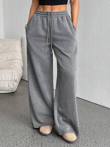 SHEIN PETITE Autumn/Winter New Casual Thickened Fleece Loose High Waist Elastic Waistband Wide Leg Sweatpants, Spring/Summer Versatile Casual Style - Dark Grey - View 3