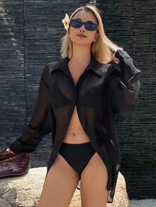 DAZY 女款優雅翻領長袖半透紋理布料鈕扣襯衫 - 黑色 - 查看 2
