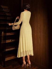 Modelyn Đầm xòe thanh lịch màu mơ dành cho nữ, thiết kế ren, thích hợp cho đi chơi, hẹn hò, dự tiệc, chiều dài ngang gối. - Màu vàng - Xem 2