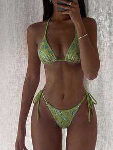 Costavie Set bikini sexy cu 2 piese, sutien triunghiular din material special, cu paiete colorate, și slip de baie cu legături laterale, set bikini sexy, primăvară/vară, model boho, set bikini verde modest, set bikini verde salvie cu legături, seturi două piese pentru femei, costum de baie camuflaj matcha, costum de baie pentru femei, două piese, bikini pentru femei, 2 piese, ținute de vară pentru femei, 2 piese - Verde măsline - Vizualizare 1