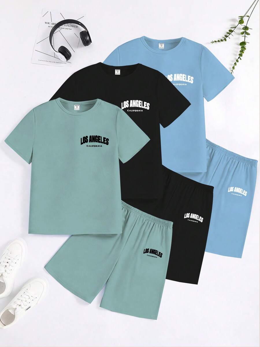 6 pièces/Set Ensemble de pyjama court à manches courtes avec imprimé de lettres anglaises, combinaison de couleurs minimaliste mode noire, grise et bleue pour garçons adolescents - Multicolore - Voir 1